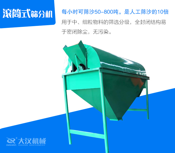 滾筒式篩分機用于中、細粒物料的篩選分級，全封閉結(jié)構(gòu)易 于密閉除塵，無污染。